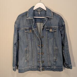 Free People Denim Trucker Jean Jacket PIGS Patch Classic Retro Style - Size XS